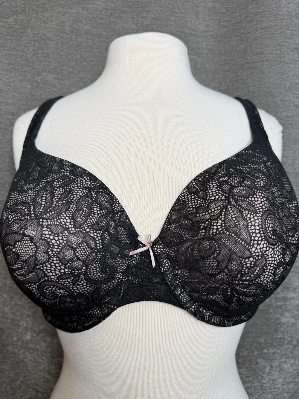Cacique Black Lace Full-Coverage Underwire Bra with Pink Bow